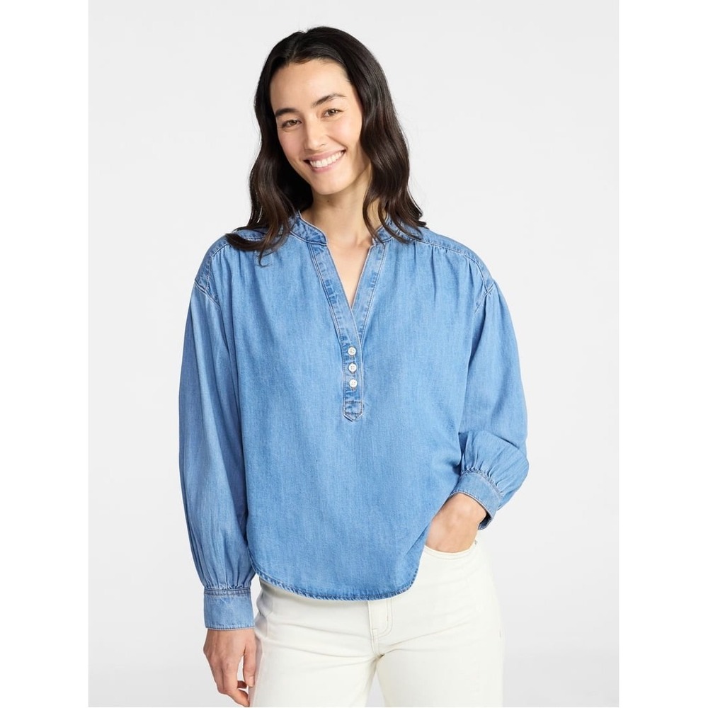 Time‎ and Tru Womens Denim Blouse Light Wash Chambray V-Neck Top XXL 20 NEW